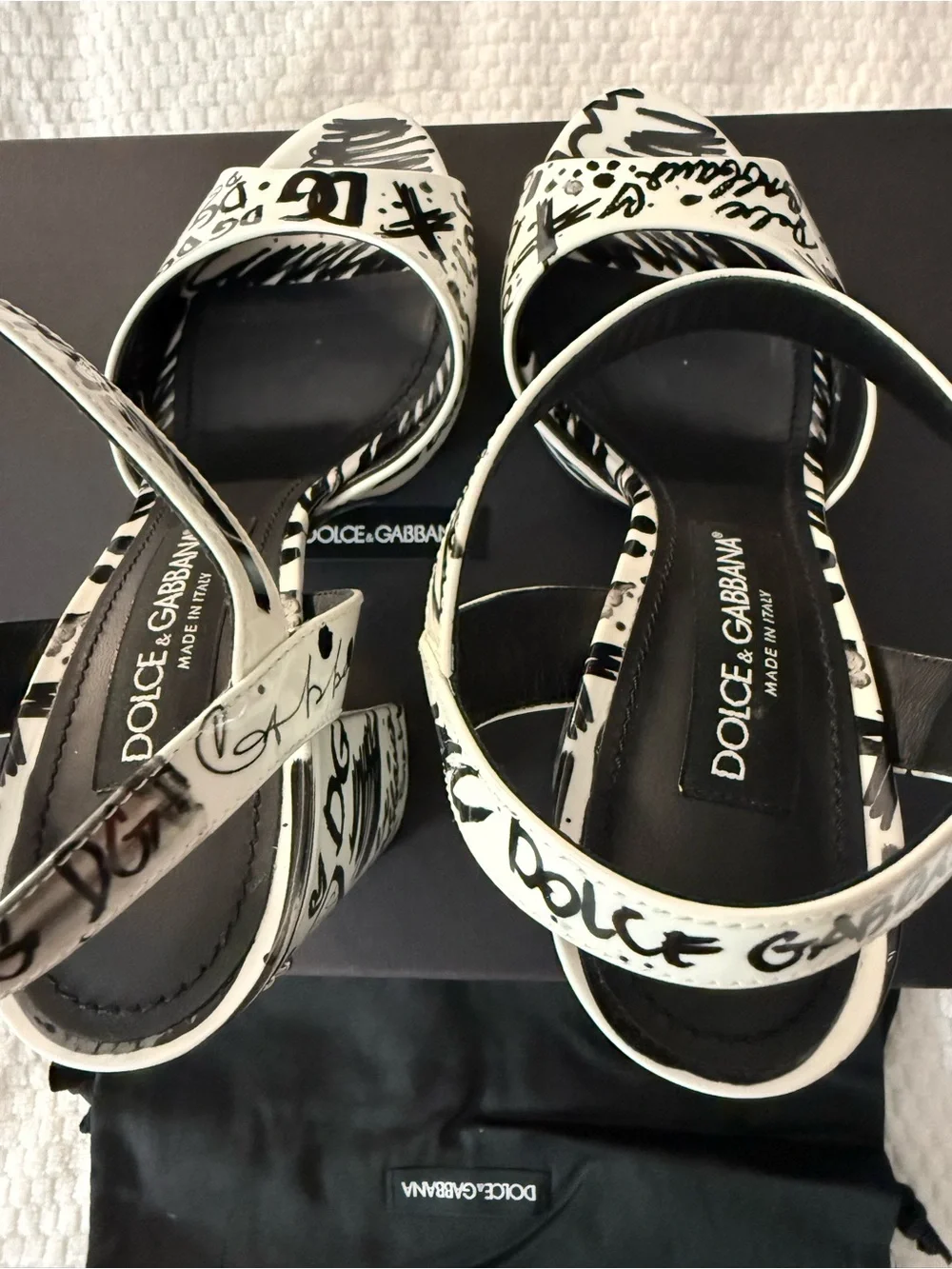 Dolce & Gabbana White and Black Graffiti Block Heel Sandals